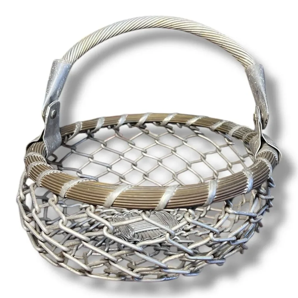 Round Vintage Metal Steel Woven Wire Basket With Hinged Handle Made In India